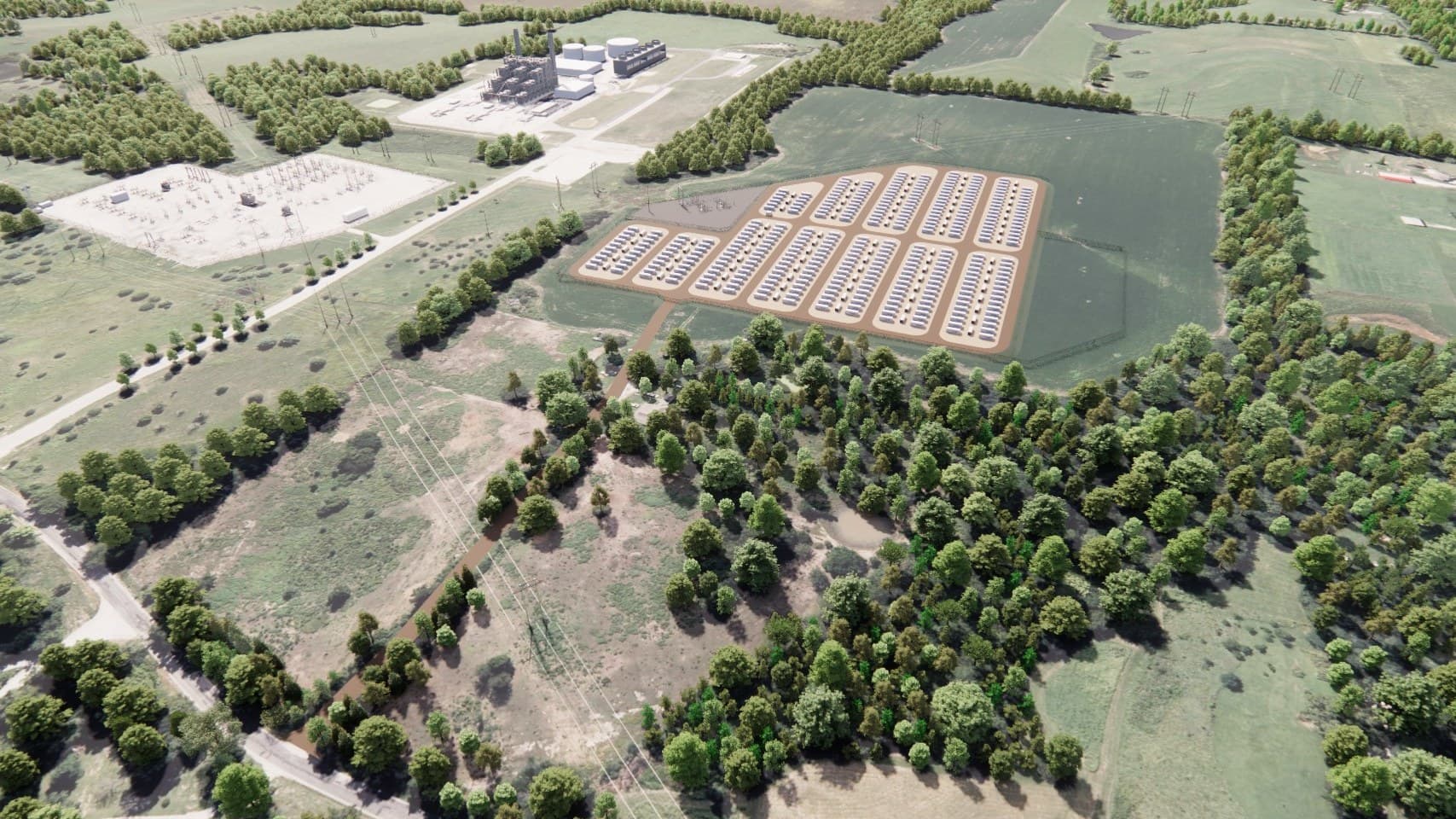 Aerial visualization of the proposed Dogwood Resilient Power facility in Cass County, with the existing substation and power plant beyond (artist's rendering, Farnsworth Group)